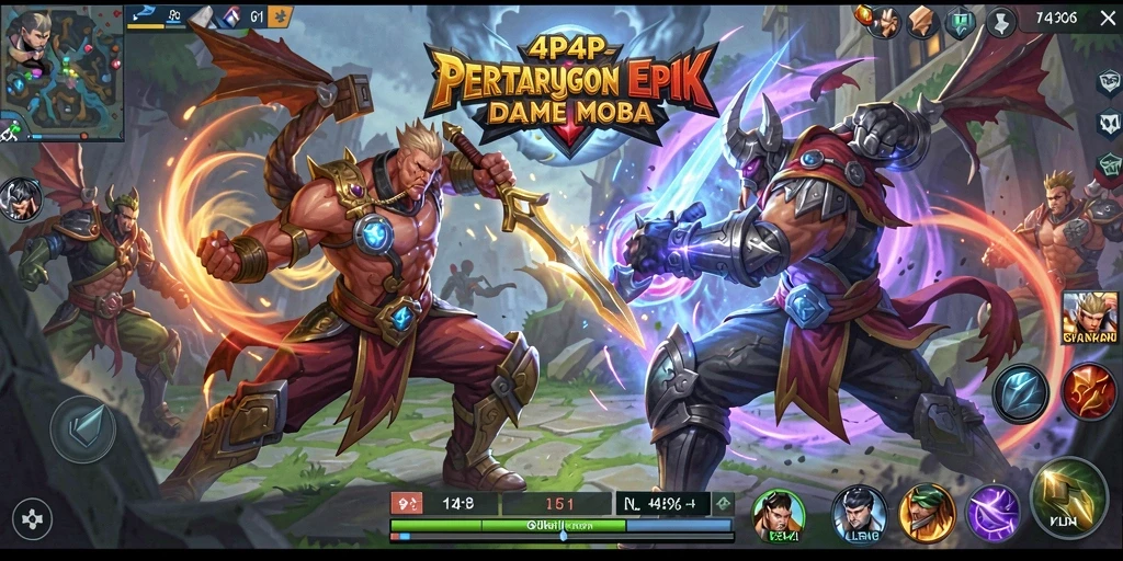 Screenshot gameplay 4P4P menampilkan pertarungan tim yang seru di arena.